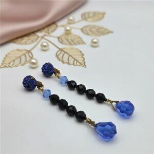Blue And Black Faceted Glass Teardrop Earrings Gold Tone 3.5 In Dangle Clip-On
